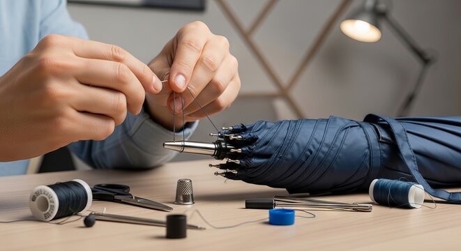 Man sewing blue umbrella with needle and thread. Tailor repairing broken fabric accessory. Professional handiwork, home maintenance of rain item, needlework workshop. Craftsmanship and repair service