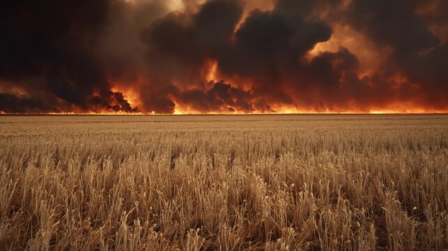 Massive wildfire engulfs dry wheat field with thick black smoke rising into orange sky at sunset