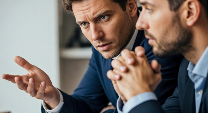 Close-up shows men with attentive expressions, hand gestures convey focused attentive discussion. Business meeting demonstrates productive attentive discussion, emphasizing active listening.