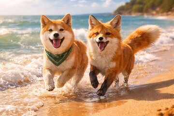 Fototapeta premium Shiba inu dog and wild fox running together along sandy beach near ocean. Happy animals playing in water during sunny day. Summer vacation and wildlife friendship concept. Outdoor nature photography