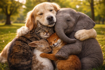 Fototapeta premium Group of cute animals hugging together in the park. Golden retriever, elephant, cat, fox, and rabbit cuddling. Concept of friendship, love, kindness, and harmony between different species in nature