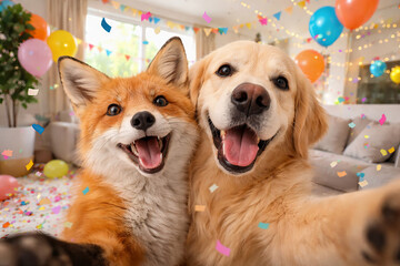 Fototapeta premium Playful dog and fox enjoying a festive party with colorful balloons and confetti in a cozy living room. concept of friendship, celebration, joyful companion animals