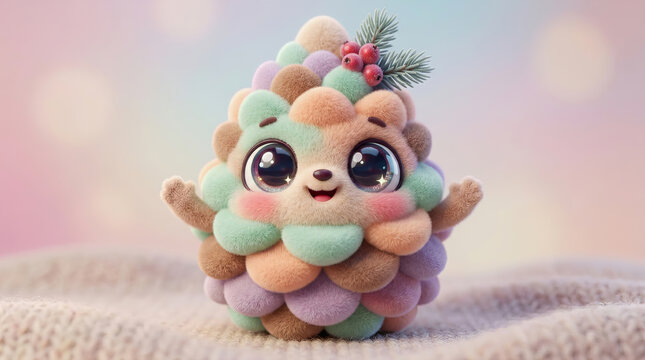 Cute 3D hedgehog character with colorful quills and festive pine sprig on soft knitted surface against pastel bokeh background