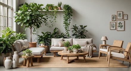 Fototapeta premium Cozy living room featuring lush indoor plants and earthy decor elements in neutral tones. concept of natural interior design, eco-friendly home, relaxing atmosphere