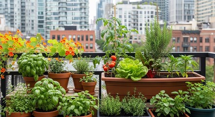 Obraz premium Urban rooftop garden with a variety of herbs, vegetables, and flowers against a city backdrop. concept of sustainable city living, gardening in urban spaces, eco-friendly lifestyle.