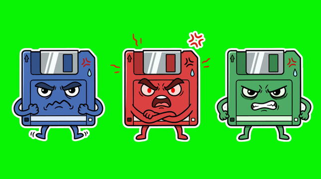 Three Angry Floppy Disks with Expressions on Green Background.
