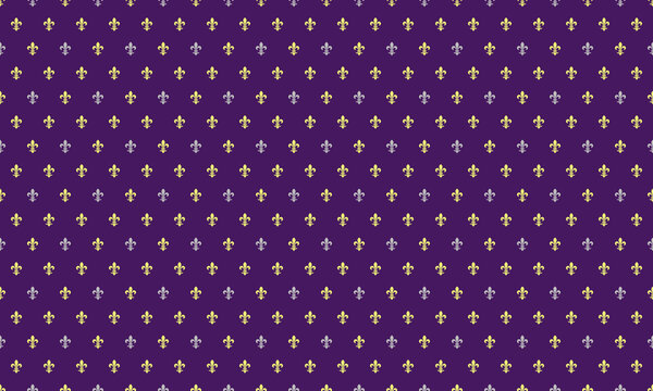 Elegant purple background with a repeating pattern of small fleurdelis in subtle purple and gold hues.
