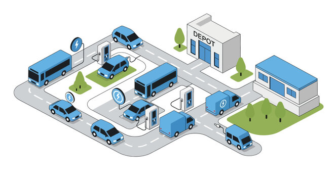 Isometric visualization of electric vehicles charging at a depot with multiple charging stations and various vehicle types