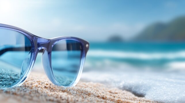 Pair of Stylish Sunglasses Resting on Soft Sand by the Ocean Waves