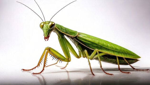 Detailed close-up of a vibrant green praying mantis on white backdrop.