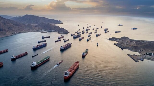 Aerial of anchored oil tanker ships in Strait of Hormuz during geopolitical conflict between Iran, Israel and United States, global economic crisis concept