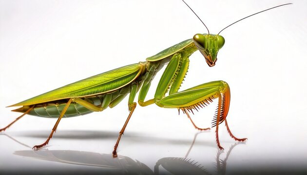 Detailed close-up of a vibrant green praying mantis against a white background.