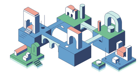 Fototapeta premium Isometric architectural abstract art depicting a surreal geometric cityscape with bridges and arches
