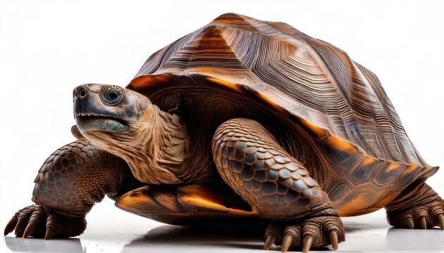 Detailed portrait of a radiated tortoise against a white background.