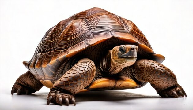 Detailed portrait of a brown tortoise against a white background.