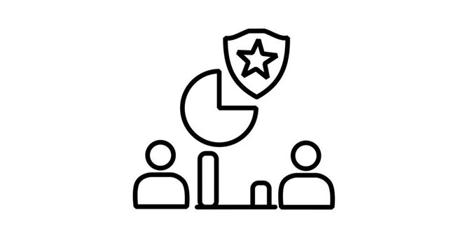 Secure Pie Chart Team Motion Icon. Animated icon featuring a group of people, a pie chart, and a shield, representing protected team analysis and secure business performance reporting.