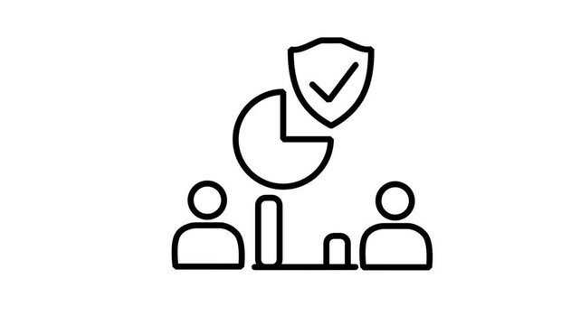 Protected Group Analysis Motion Icon. Animated icon of a group with a pie chart and shield, representing secure team analysis, financial data protection, or business reporting.