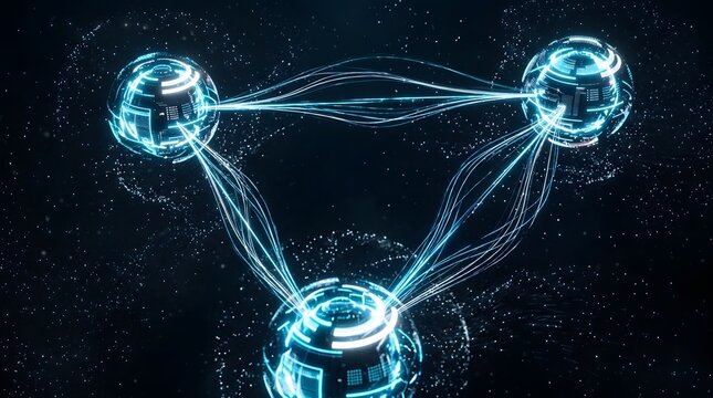 Futuristic Digital Network Connecting Three Glowing Blue Data Spheres for Artificial Intelligence