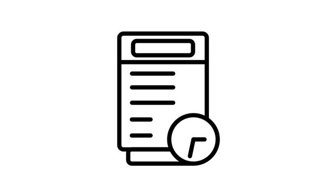 Scheduled Document Motion Icon. Animated line icon of a document on a clipboard with a clock, representing scheduled tasks, deadline tracking, or project management workflows.