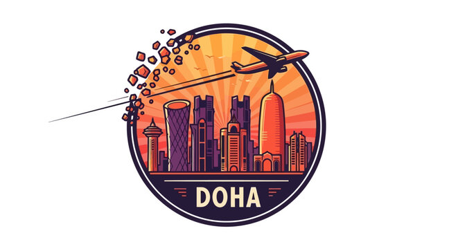 Doha City Skyline with Airplane and Sunburst Illustration.