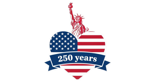 A patriotic logo featuring the Statue of Liberty and American flag design for 250 years of independence