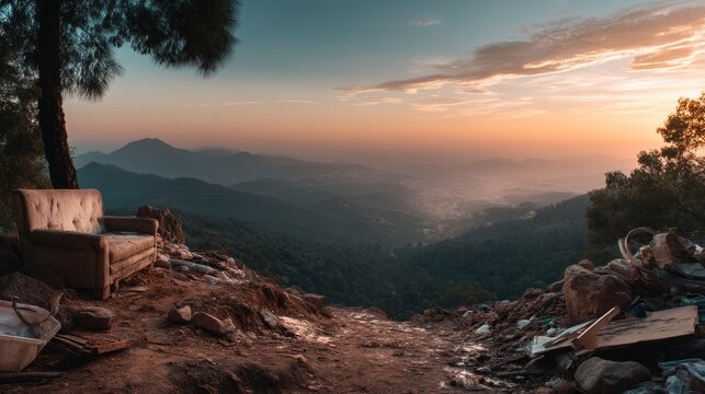 Scenic View of Natural Landscape with Scattered Household Waste at Sunset