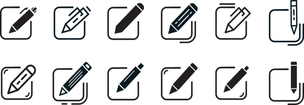 Professional edit text icon set for mobile app and web UI, featuring creative pencil and document symbols.  text editing and word processing icon collection, high-quality vector graphics
