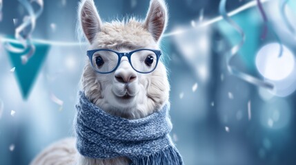 Fototapeta premium Llama in Glasses and Scarf at a Festive Celebration Surrounded by Decor