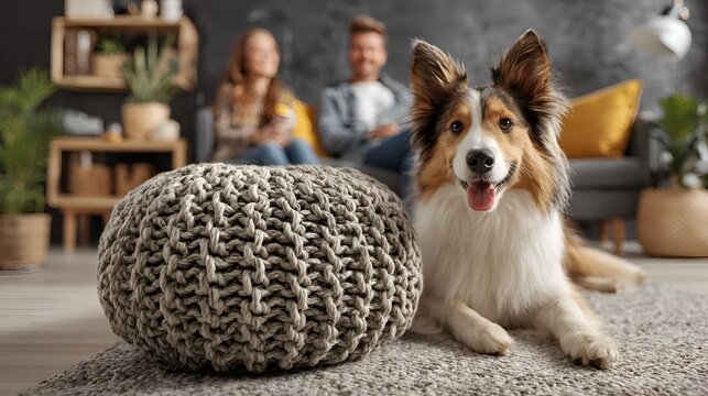 Happy collie dog smiles in cozy living room with young couple relaxing on sofa and knit ottoman in foreground of domestic interior scene.