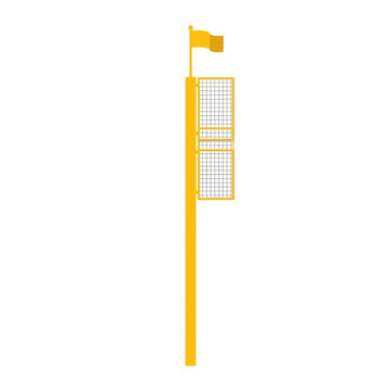 Yellow cricket boundary marker with netting and flag on a white background