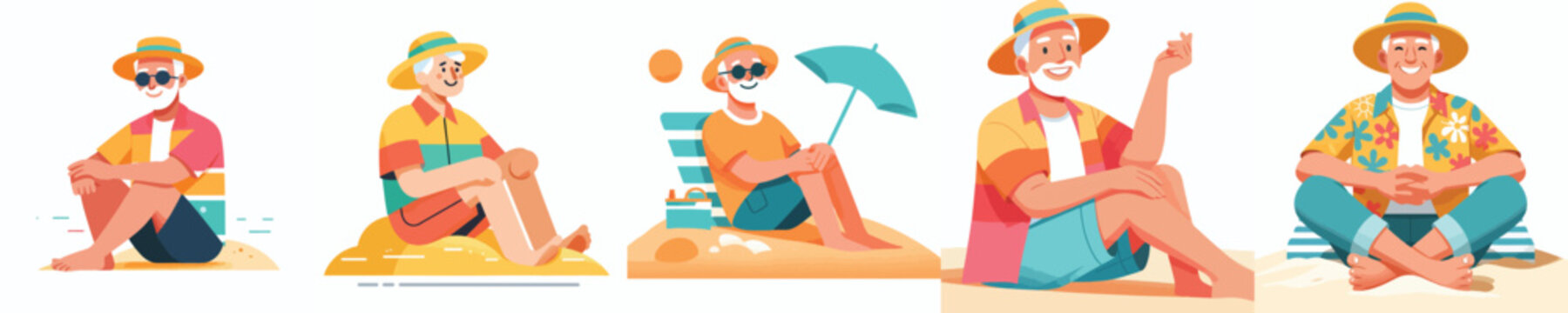 vector of a grandpa sitting on the beach sand celebrating summer