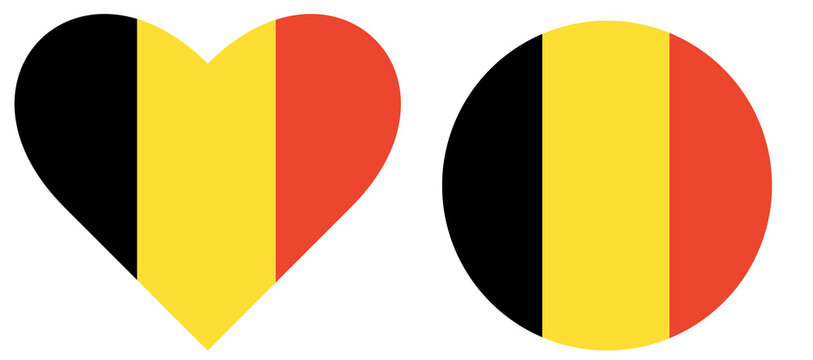 Belgium National Flags collection. Flag of Belgium in heart shape, round flag in circle shape.