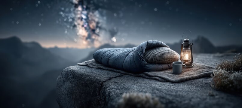 Sleeping Bag Under Stars on Rocky Mountain Ridge at Night