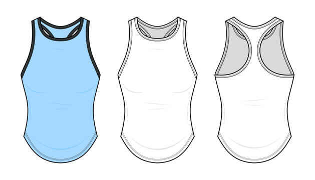 Classic Tank Top Technical Fashion Illustration. Sleeveless Shirt Vector Template. Front Back View. Round Neck Racerback Option. Curved Hem Detail Slim Fit Basic Top. Women Apparel CAD Mockup