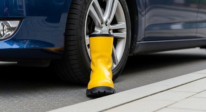 Yellow boot wedged between car tire and curb on city street