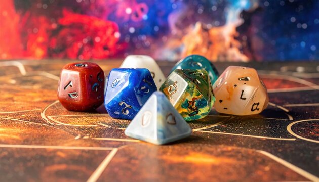 Collection of custom designed resin polyhedral dice for tabletop role playing games