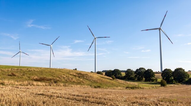 Wind turbines standing tall on a rolling green hill with a clear blue sky