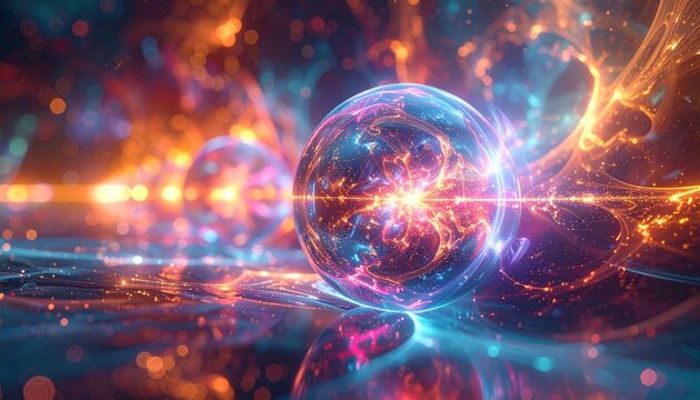 Glowing quantum superposition spheres in a vibrant cosmic nebula, representing abstract energy and interconnectedness