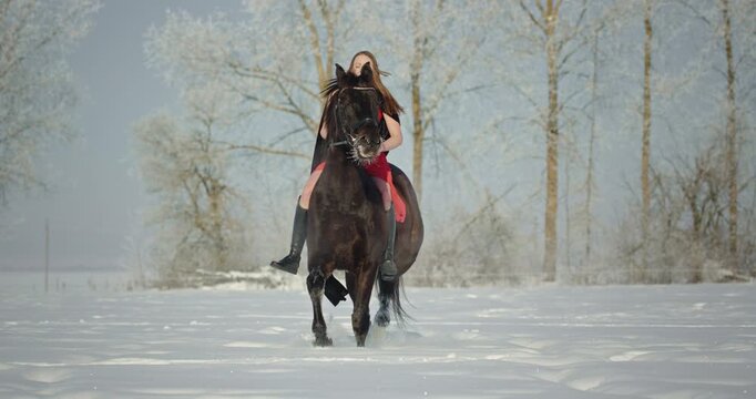 Beautiful woman in red dress riding black horse through a snowy field