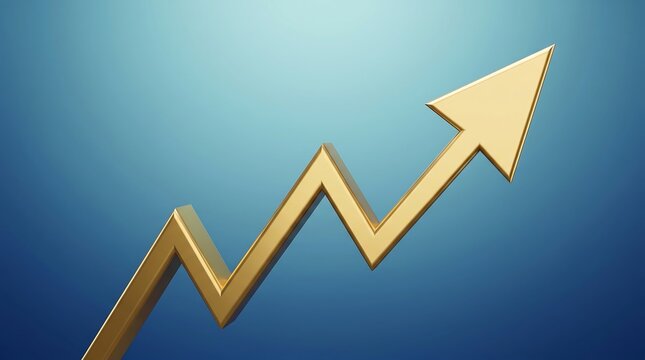 A gold arrow pointing upwards on a blue background indicating growth