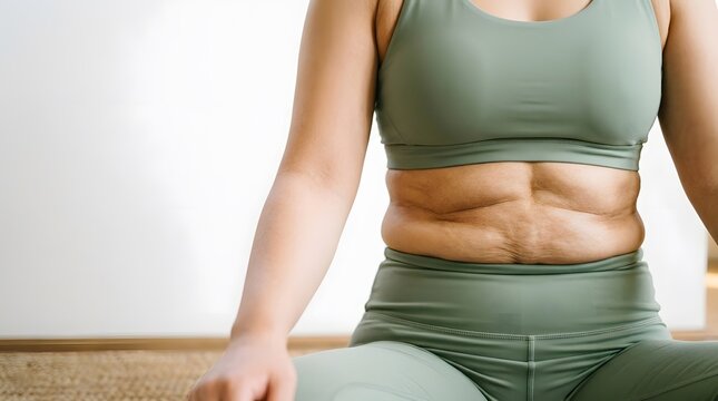 Close Up Of A Woman Sitting In Sportswear Showing Her Natural Belly With Stretch Marks At Home