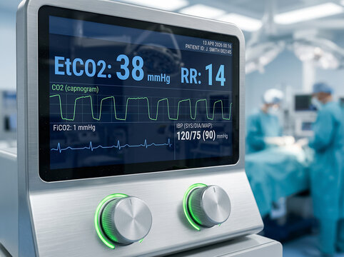 Capnography medical monitor in surgery room displays EtCO2 carbon dioxide, respiration rate, capnogram square wave trace on digital screen with tactile aluminum knobs, green LED indicator in hospital.