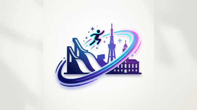 Dynamic Illustration of a Runner, Buildings, and a Swirl Design.