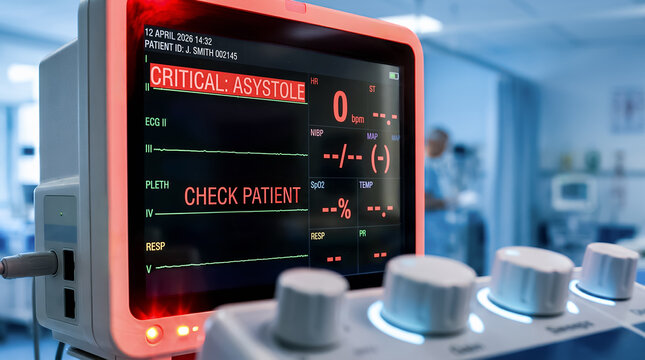 Critical care medical monitor in emergency room displays red asystole alarm and check patient message with flatline ECG waveform. Red LED lights flash near control knobs. Hospital intensive care unit.