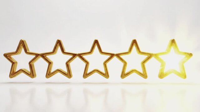5 Star Rating Animation with Golden Stars and Glowing Light on White Background 4K