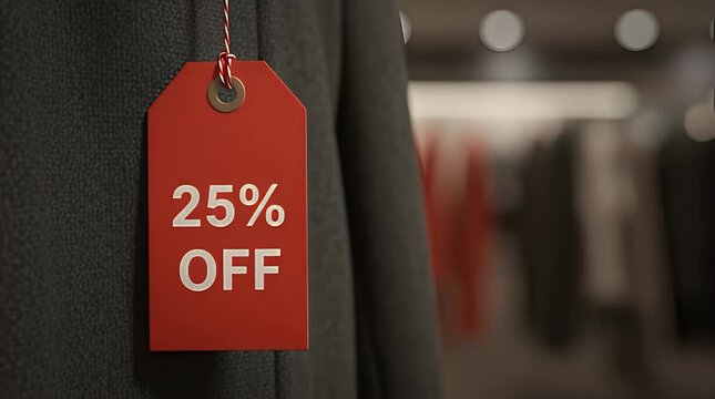 Vibrant red twenty five percent off sale tag hanging from dark textured clothing inside a softly lit retail store environment
