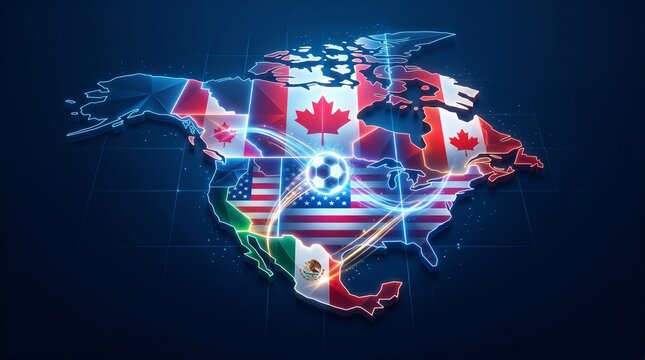 Futuristic North America Map with Three Glowing Time Zones in USA, Canada, and Mexico Flag Gradients, Connected by Luminous Soccer Ball Energy Trails