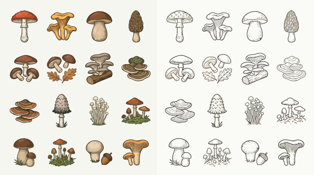A comprehensive collection of various mushroom illustrations, presented in both colored and line-art styles, showcasing diverse species and growth patterns.