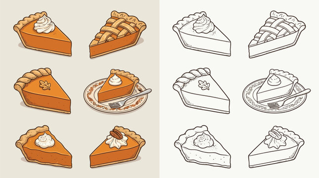 Collection of delicious pumpkin and apple pie slices, some with whipped cream and nuts, presented in a colorful and a sketch style.