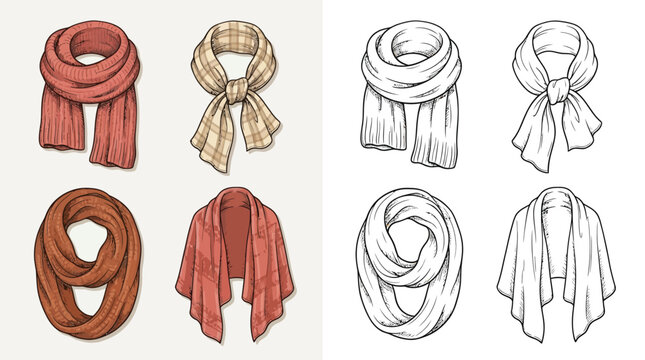 A collection of eight illustrations of various scarves and shawls, presented in both color and line art styles.